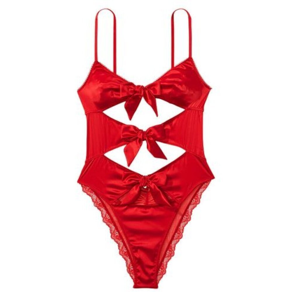 New! Victoria’s Secret Very Sexy Red Satin Bow Cut-Out Bodysuit 4190